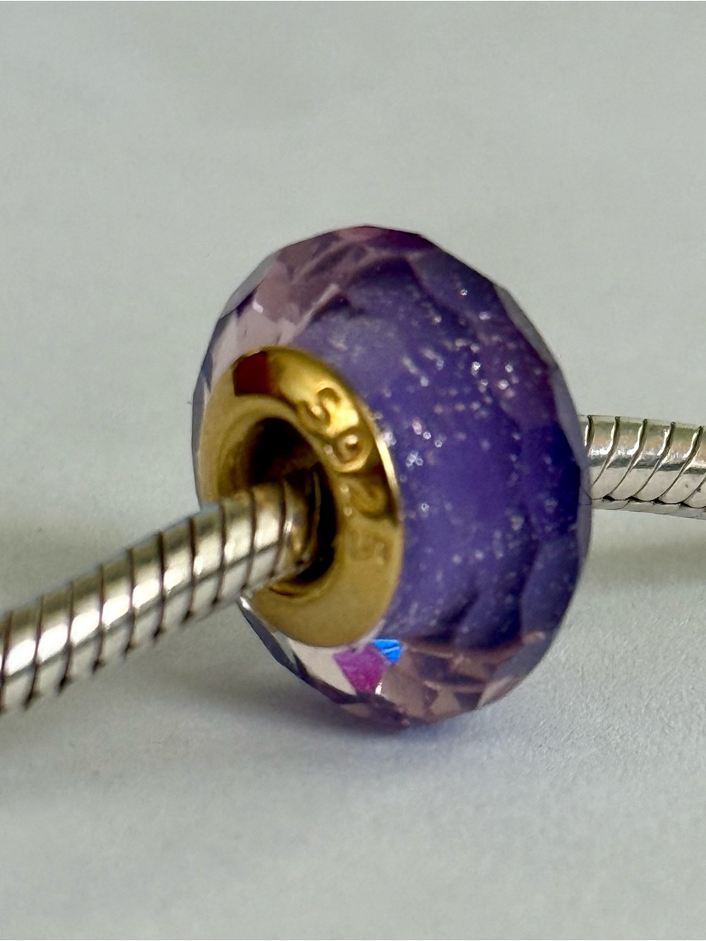 Sparkling Purple Glass Charm Faceted with Gold Core fit Pandora bracelets